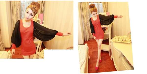 Vintage Red Dress With Black Chiffon Sleeves  Size : 30/32